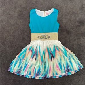 Zoe Ltd Teal and Multicolor Girls Party Dress with Gold Waistband